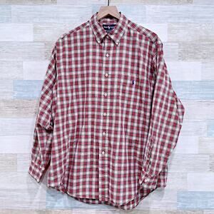 Ralph Lauren Yarmouth Button Down Shirt Red White Plaid Cotton Mens 16.5 34 35